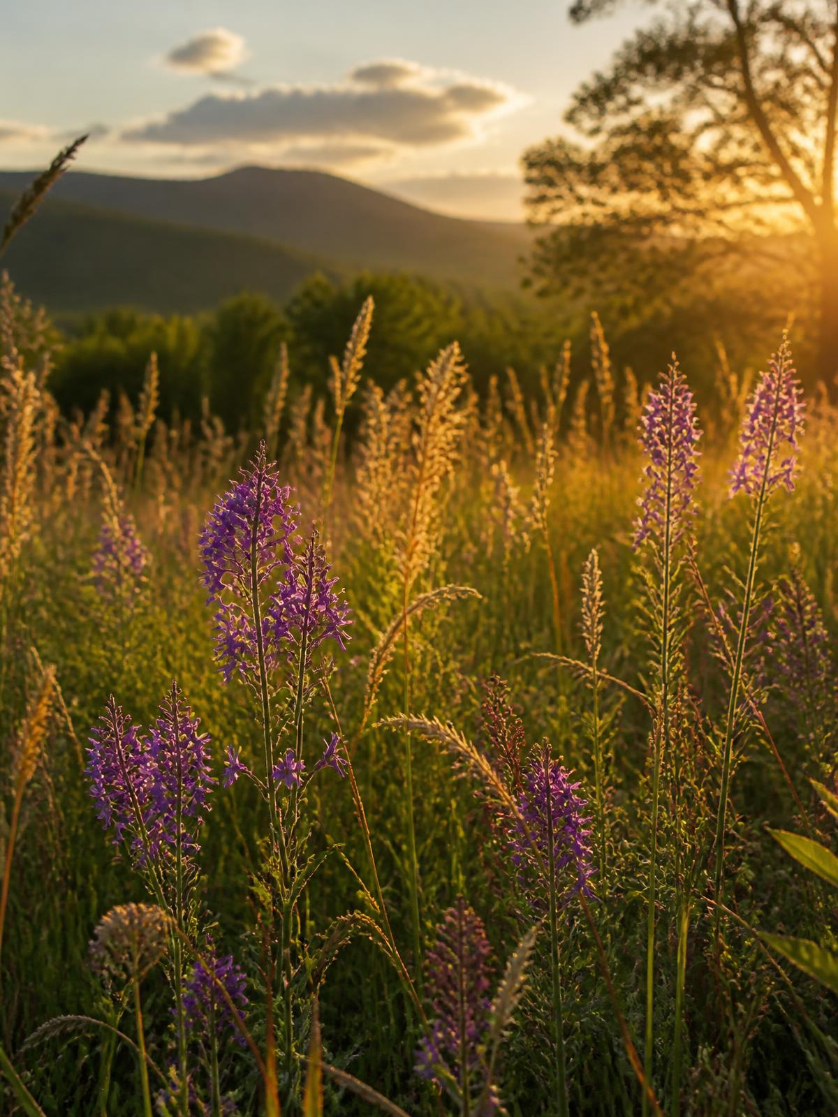 Golden-hour view of the restored Moonbeams Preserve meadow with native grasses and purple wildflowers